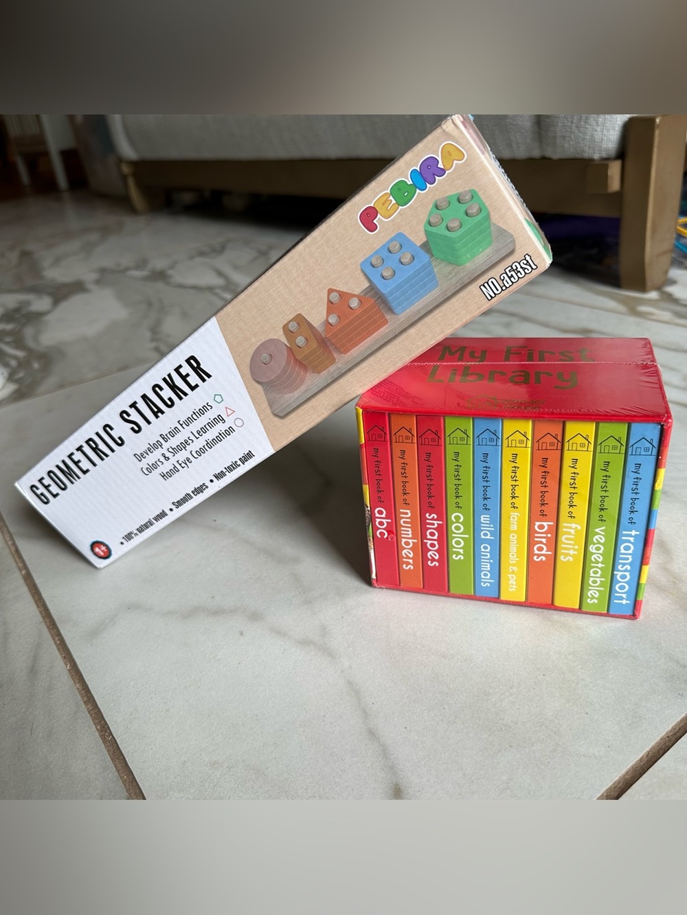 NEW Wooden Geometric Stacker Toy & My First Library 10 Board Book Toddler Bundle